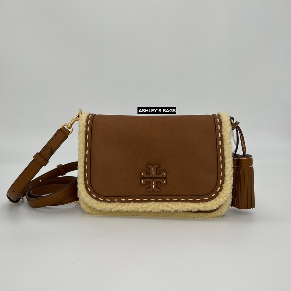 Tory Burch Thea Shearling Flap Crossbody In Moose Brown